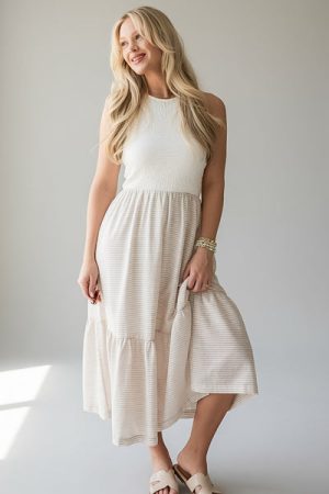 Sweet Adoration Taupe Striped Contrast Midi Dress