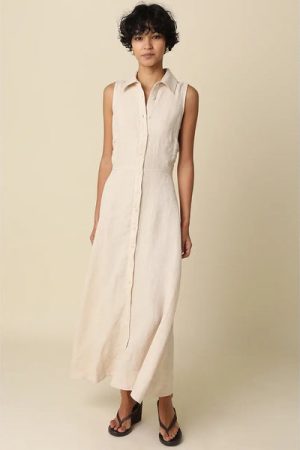 Aimme Button-Front Linen Dress