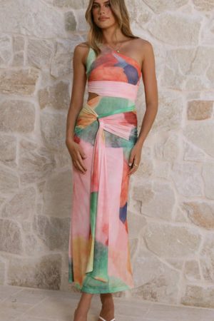 One Shoulder Abstract Maxi Dress