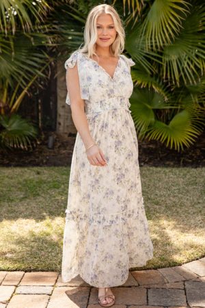 FINAL SALE - Vintage Bloom Floral Ivory Tie Strap Maxi Dress