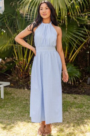 Precious Moments Blue Gingham Midi Dress