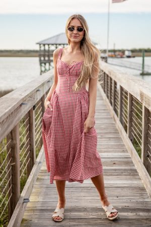 Sweet Cherry Red Plaid Midi Dress